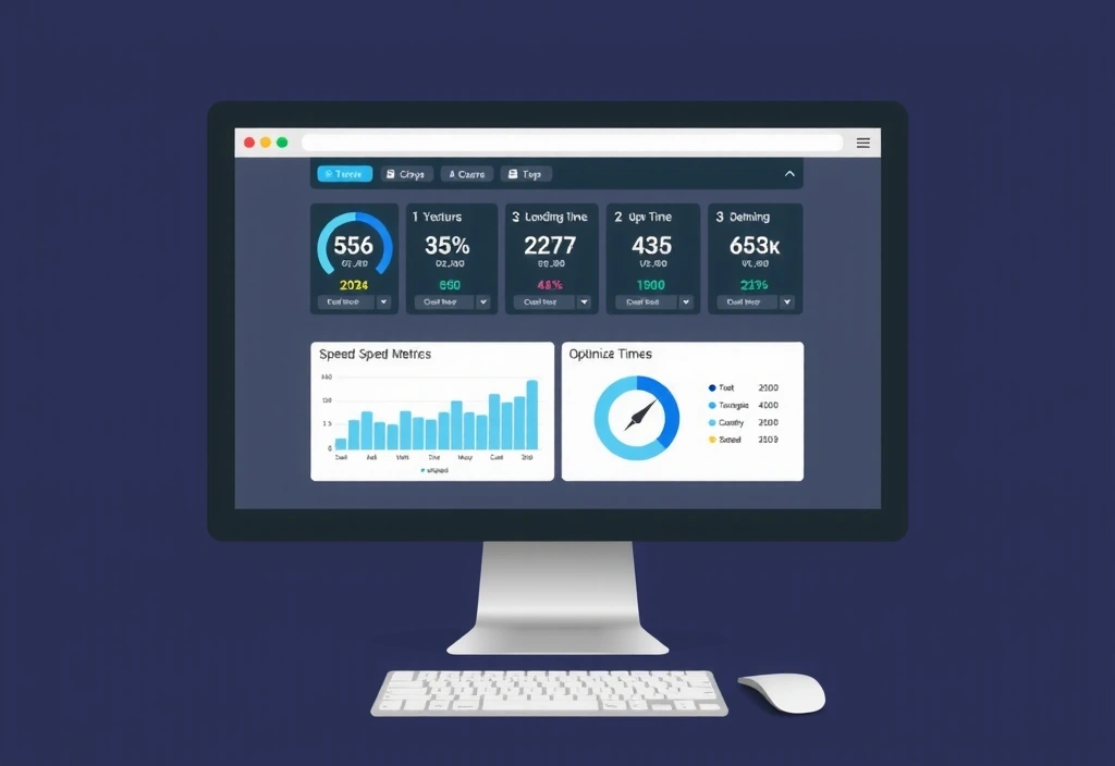 Website performance optimization dashboard showing loading speeds and metrics